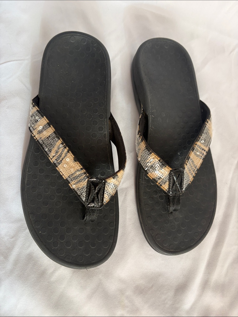 Vionic Black Sandals with Sequined Beige and Tan Straps